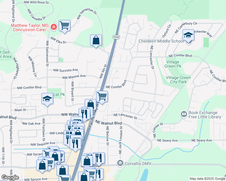 map of restaurants, bars, coffee shops, grocery stores, and more near 152 Northeast Conifer Boulevard in Corvallis