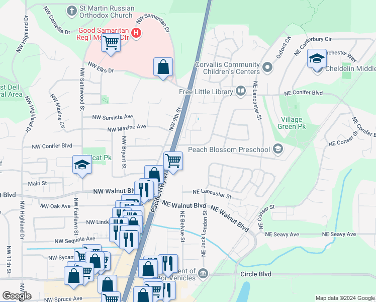 map of restaurants, bars, coffee shops, grocery stores, and more near 108 Northeast Conifer Boulevard in Corvallis