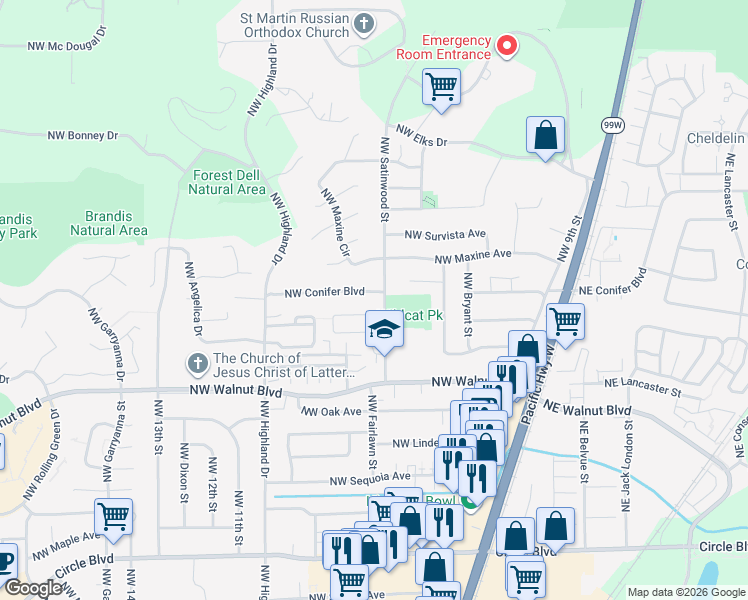map of restaurants, bars, coffee shops, grocery stores, and more near 740 Northwest Conifer Boulevard in Corvallis