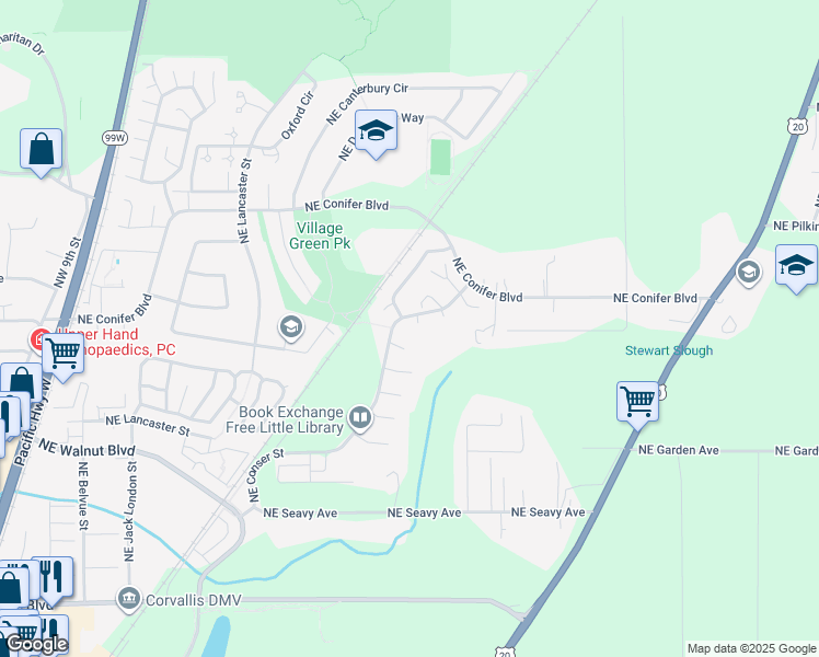 map of restaurants, bars, coffee shops, grocery stores, and more near 2887 Northeast Conser Street in Corvallis
