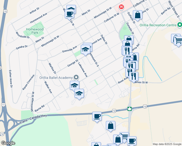 map of restaurants, bars, coffee shops, grocery stores, and more near 316 Barrie Road in Orillia