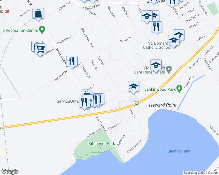 map of restaurants, bars, coffee shops, grocery stores, and more near 28 Dorset Drive in Orillia