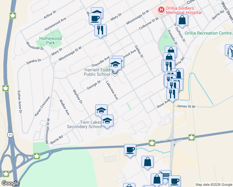 map of restaurants, bars, coffee shops, grocery stores, and more near 3 Lakeview Avenue in Orillia