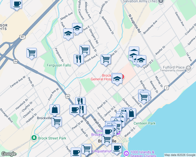 map of restaurants, bars, coffee shops, grocery stores, and more near 167 Park Street in Brockville