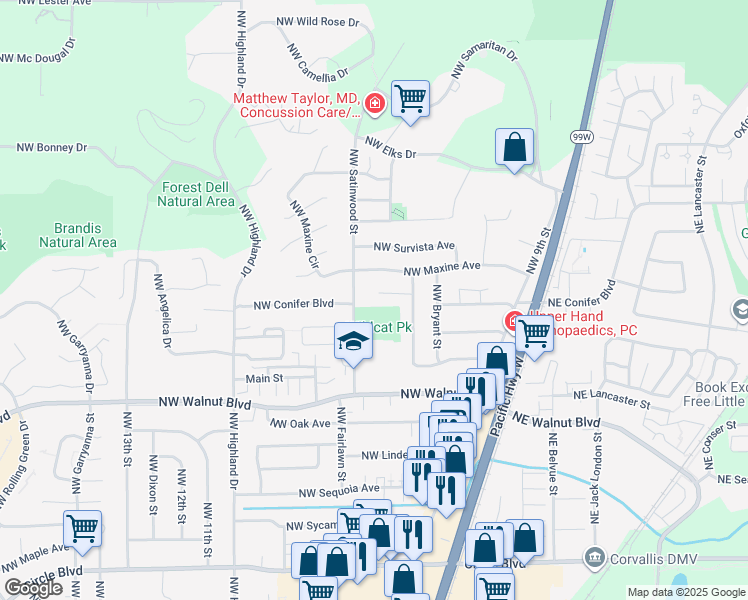 map of restaurants, bars, coffee shops, grocery stores, and more near 672 Northwest Stewart Place in Corvallis
