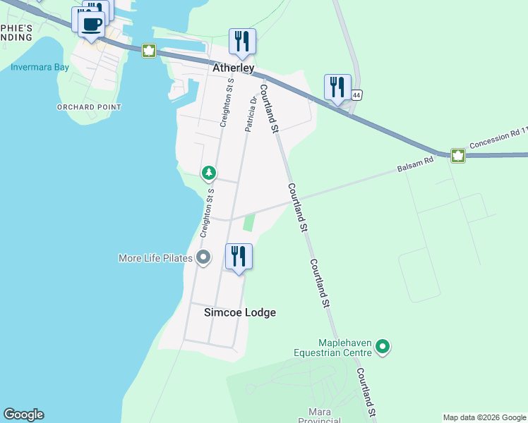 map of restaurants, bars, coffee shops, grocery stores, and more near 51 Balsam Road in Orillia