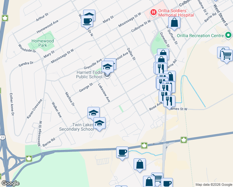 map of restaurants, bars, coffee shops, grocery stores, and more near 316 Barrie Road in Orillia