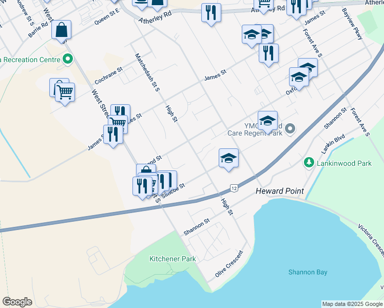 map of restaurants, bars, coffee shops, grocery stores, and more near 467 High Street in Orillia