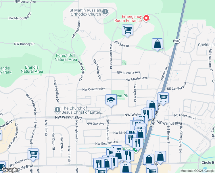 map of restaurants, bars, coffee shops, grocery stores, and more near 740 Northwest Conifer Boulevard in Corvallis