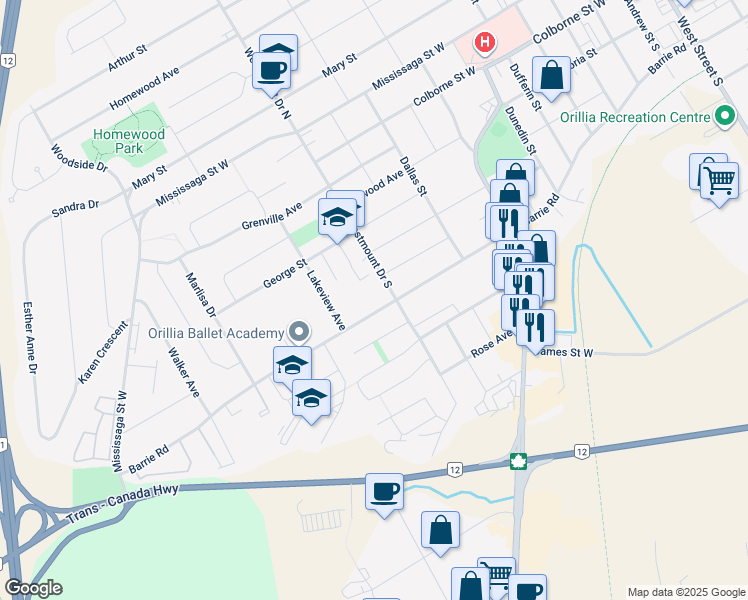 map of restaurants, bars, coffee shops, grocery stores, and more near 316 Barrie Road in Orillia