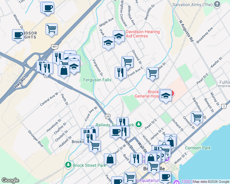 map of restaurants, bars, coffee shops, grocery stores, and more near 41 Front Avenue West in Brockville