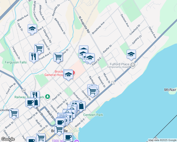 map of restaurants, bars, coffee shops, grocery stores, and more near 167 Pearl Street East in Brockville