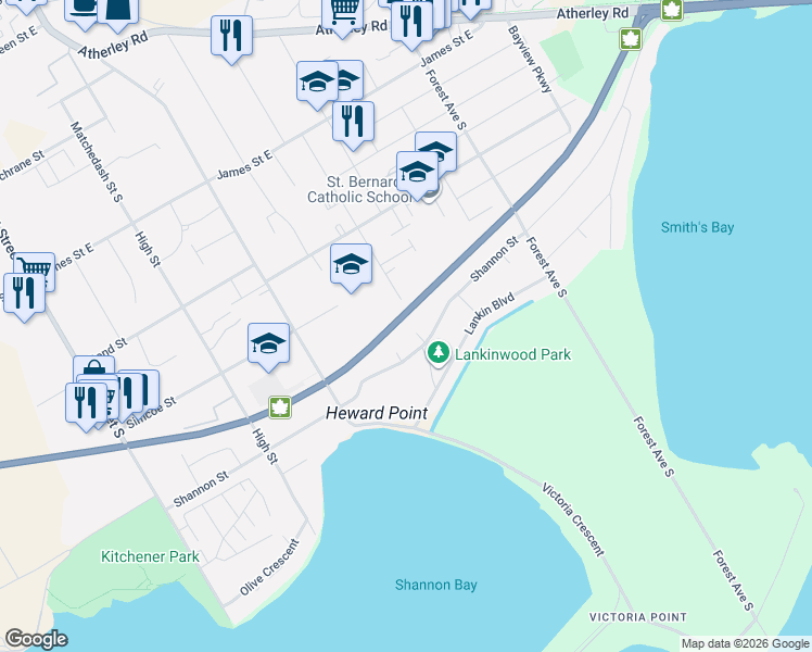 map of restaurants, bars, coffee shops, grocery stores, and more near 500 Regent Street in Orillia