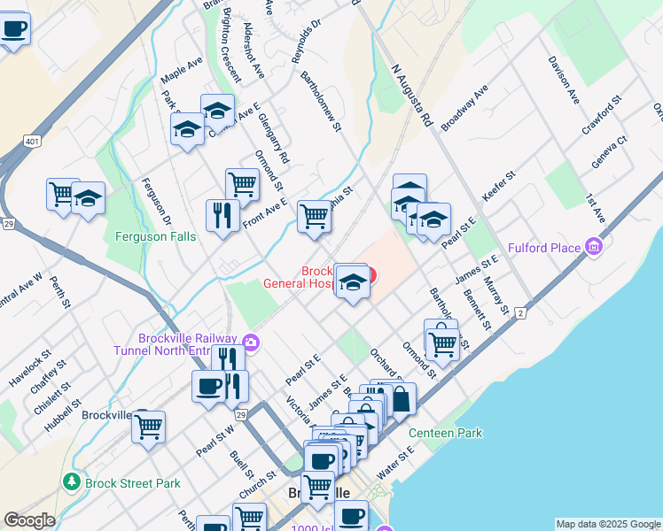 map of restaurants, bars, coffee shops, grocery stores, and more near 140 Ormond Street in Brockville