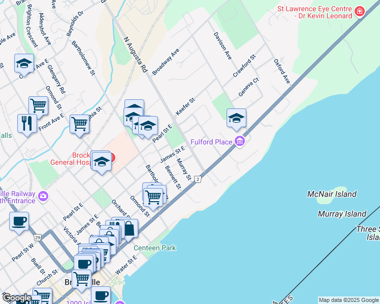 map of restaurants, bars, coffee shops, grocery stores, and more near 42 North Augusta Road in Brockville