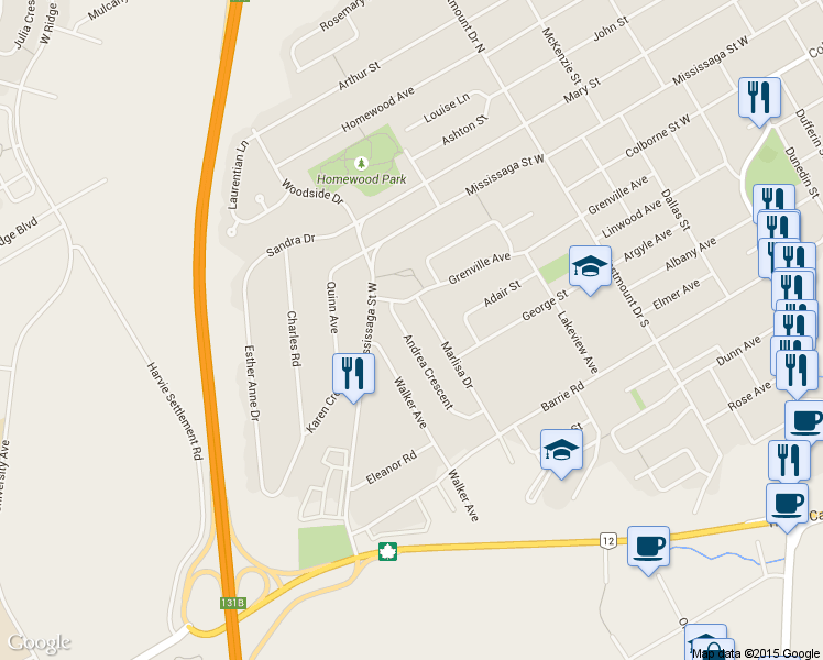 map of restaurants, bars, coffee shops, grocery stores, and more near 10 Andrea Crescent in Orillia
