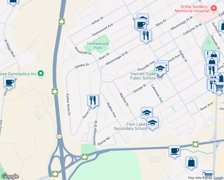 map of restaurants, bars, coffee shops, grocery stores, and more near 10 Andrea Crescent in Orillia