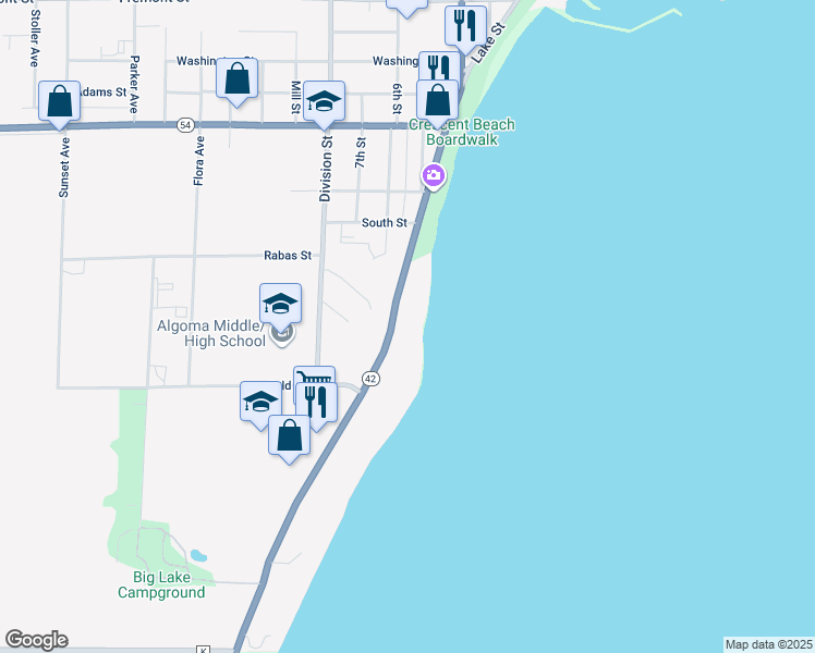 map of restaurants, bars, coffee shops, grocery stores, and more near 1614 Lake Street in Algoma