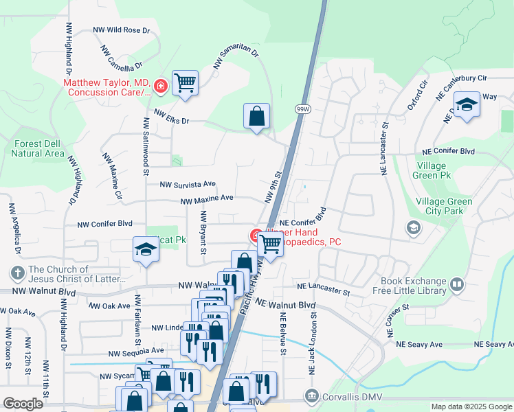 map of restaurants, bars, coffee shops, grocery stores, and more near 3008 Northwest 9th Street in Corvallis