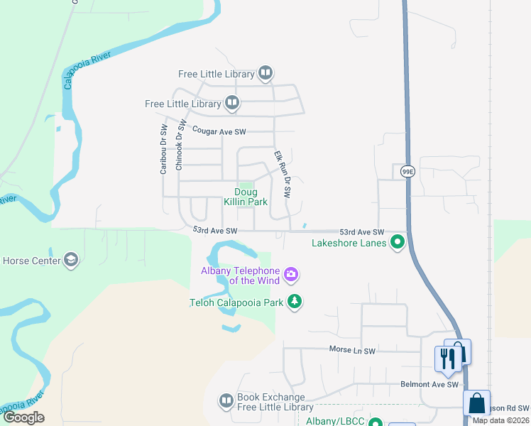 map of restaurants, bars, coffee shops, grocery stores, and more near 1641 Southwest Elk Circle in Albany