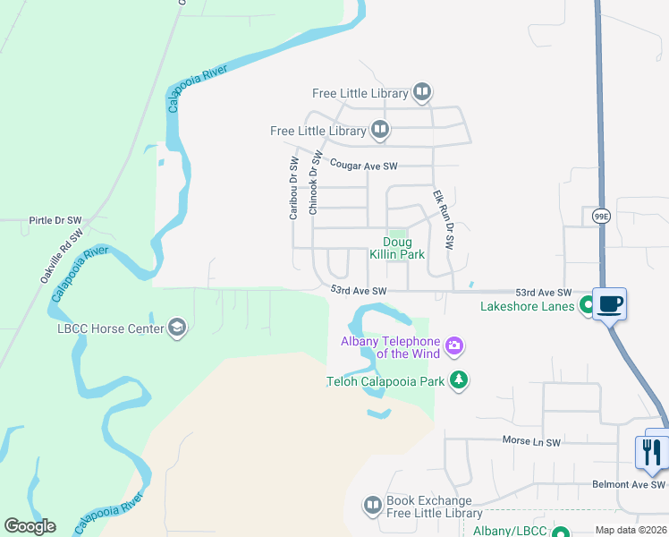 map of restaurants, bars, coffee shops, grocery stores, and more near 2002 Kodiak Avenue Southwest in Albany