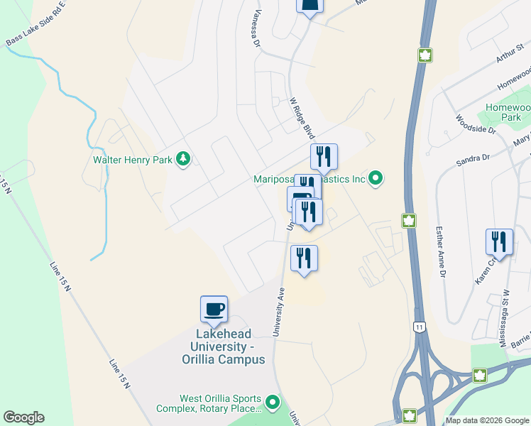 map of restaurants, bars, coffee shops, grocery stores, and more near 46 Isabella Drive in Orillia