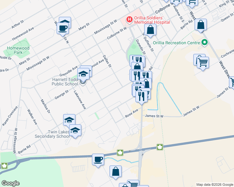 map of restaurants, bars, coffee shops, grocery stores, and more near 267 Barrie Road in Orillia
