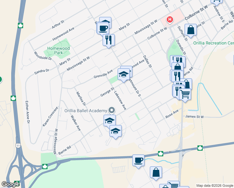 map of restaurants, bars, coffee shops, grocery stores, and more near Lakeview Avenue in Orillia