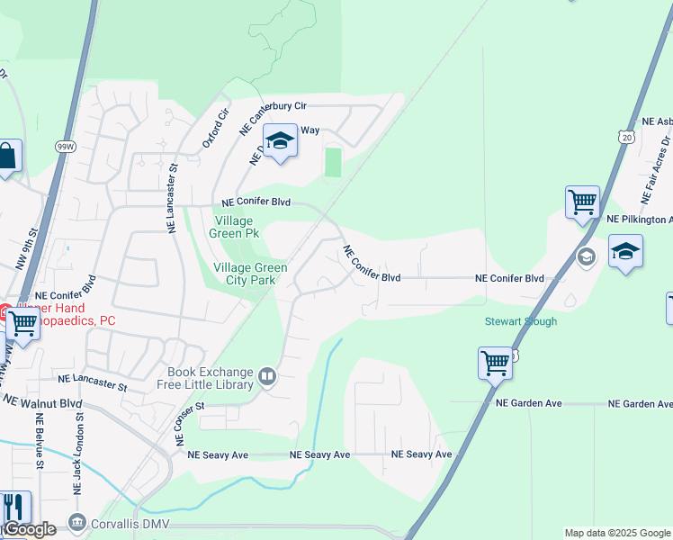 map of restaurants, bars, coffee shops, grocery stores, and more near 1147 Northeast Conser Place in Corvallis