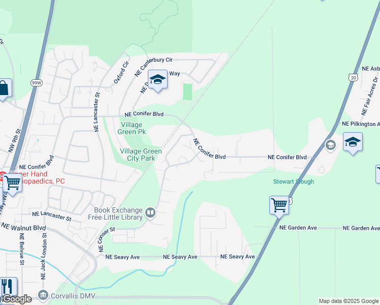 map of restaurants, bars, coffee shops, grocery stores, and more near 1147 Northeast Conser Place in Corvallis