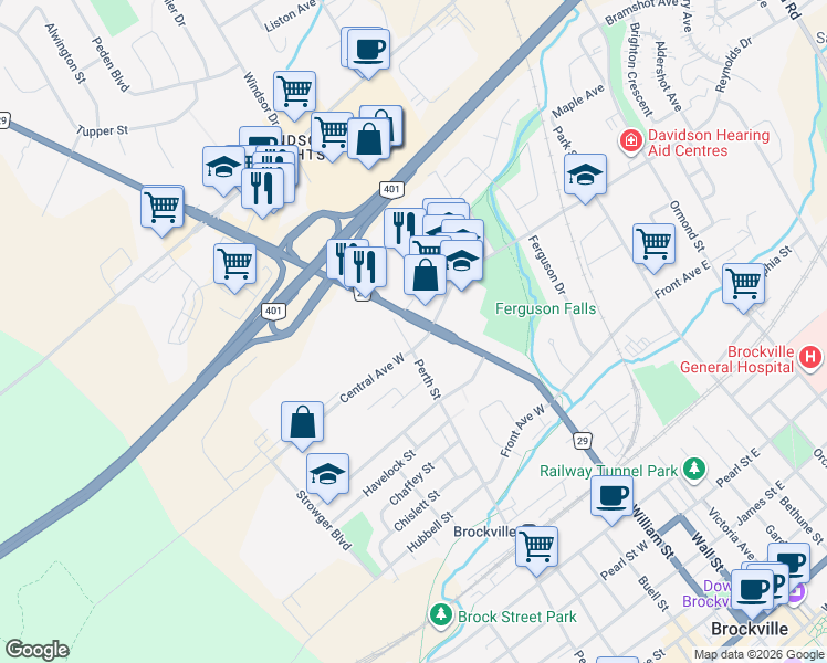 map of restaurants, bars, coffee shops, grocery stores, and more near 50 Central Avenue West in Brockville