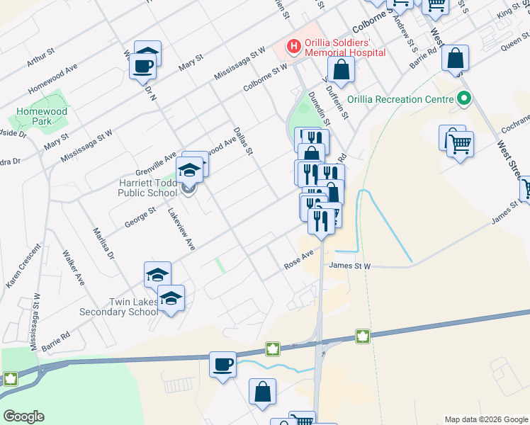 map of restaurants, bars, coffee shops, grocery stores, and more near 264 Barrie Road in Orillia