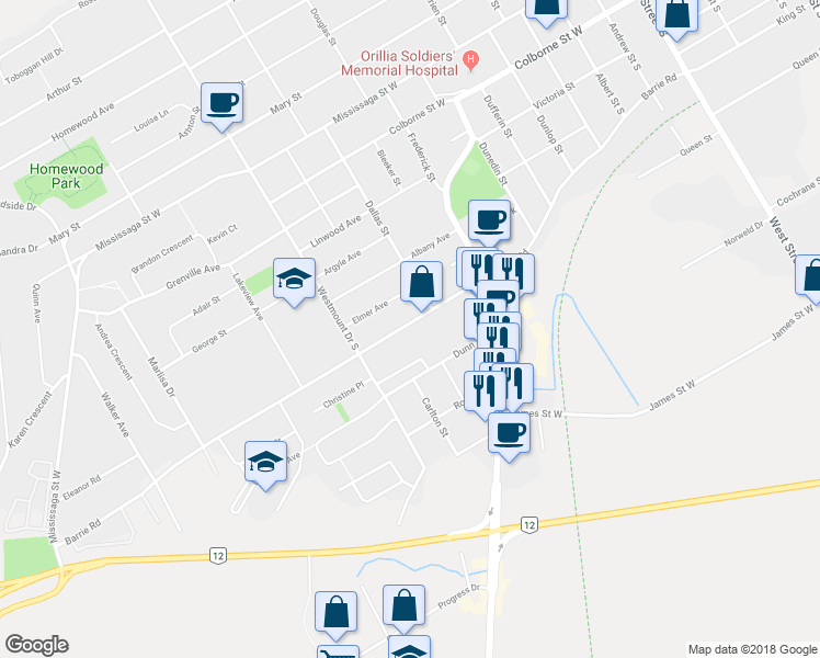 map of restaurants, bars, coffee shops, grocery stores, and more near 264 Barrie Road in Orillia