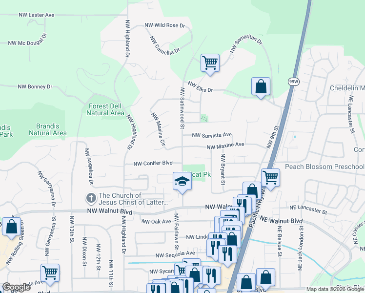 map of restaurants, bars, coffee shops, grocery stores, and more near 961 Northwest Maxine Avenue in Corvallis