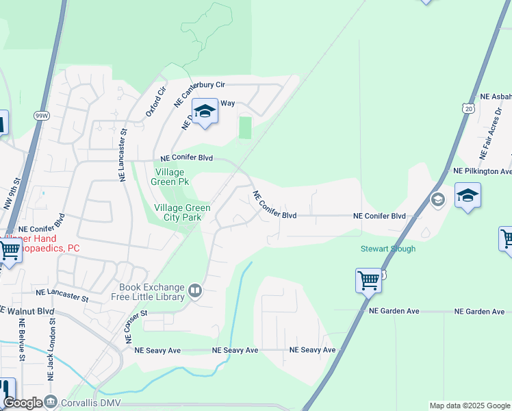 map of restaurants, bars, coffee shops, grocery stores, and more near 1147 Northeast Conser Place in Corvallis