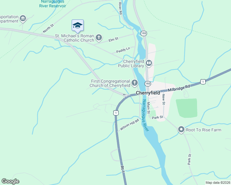 map of restaurants, bars, coffee shops, grocery stores, and more near Blacks Woods Road in Cherryfield
