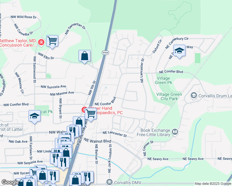 map of restaurants, bars, coffee shops, grocery stores, and more near 109 Northeast Conifer Boulevard in Corvallis
