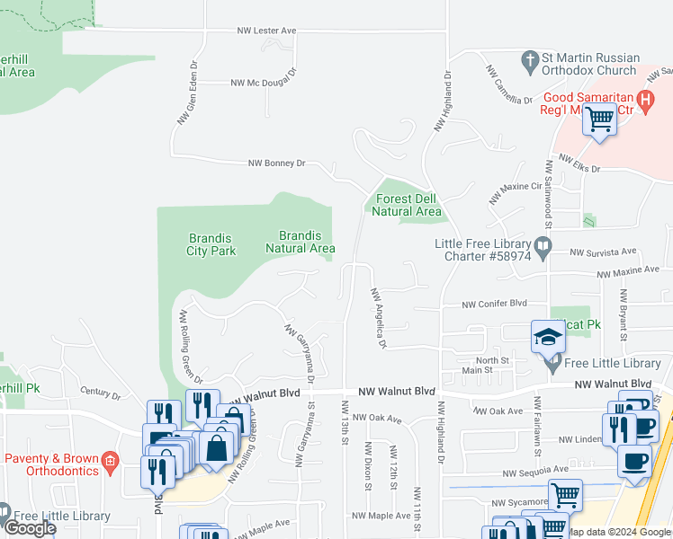 map of restaurants, bars, coffee shops, grocery stores, and more near 2968 Northwest 13th Place in Corvallis