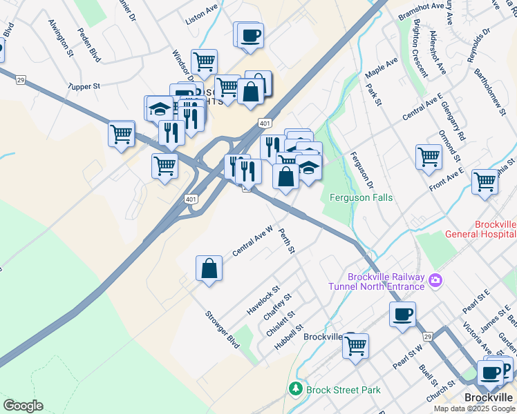 map of restaurants, bars, coffee shops, grocery stores, and more near 100 Central Avenue West in Brockville