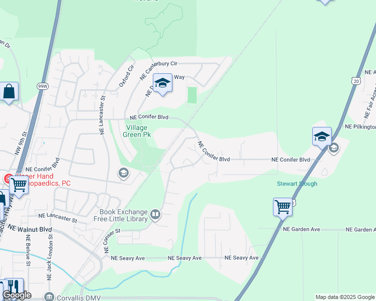 map of restaurants, bars, coffee shops, grocery stores, and more near 1122 Northeast Conser Place in Corvallis
