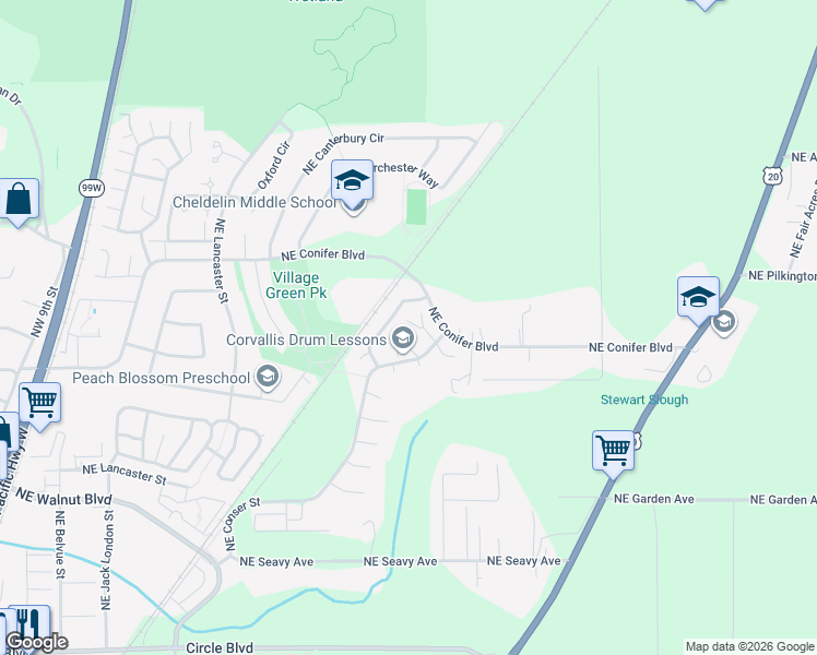 map of restaurants, bars, coffee shops, grocery stores, and more near 1122 Northeast Conser Place in Corvallis