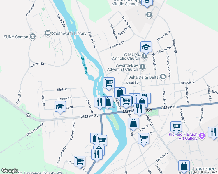 map of restaurants, bars, coffee shops, grocery stores, and more near 43 Riverside Drive in Canton