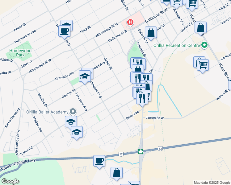 map of restaurants, bars, coffee shops, grocery stores, and more near 264 Barrie Road in Orillia