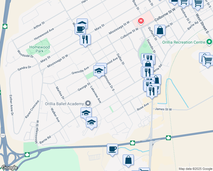 map of restaurants, bars, coffee shops, grocery stores, and more near 107 Westmount Drive South in Orillia