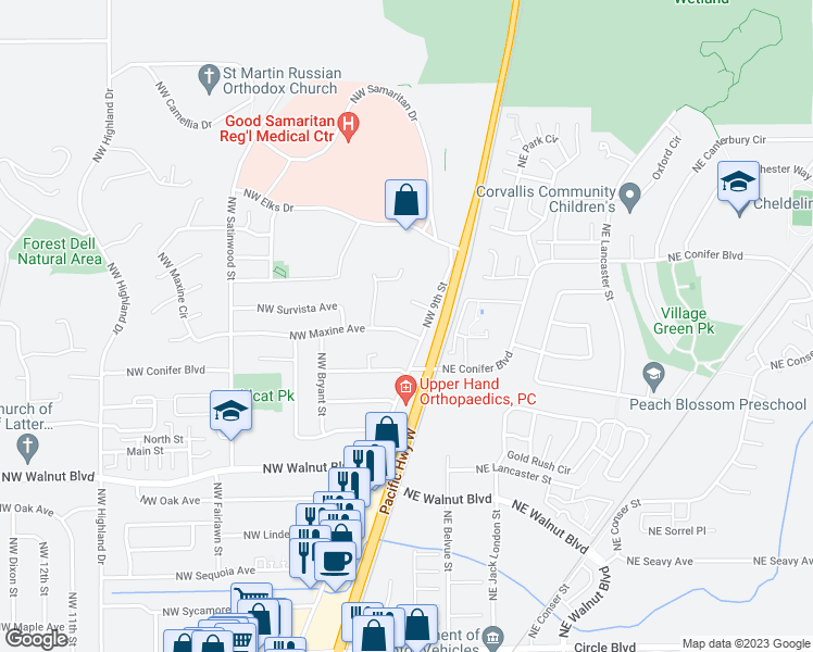 map of restaurants, bars, coffee shops, grocery stores, and more near 3008 Northwest 9th Street in Corvallis