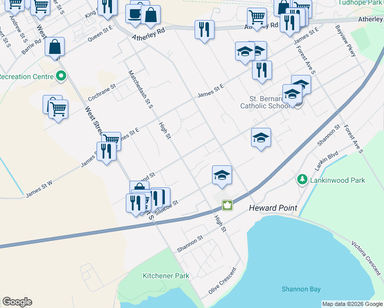 map of restaurants, bars, coffee shops, grocery stores, and more near in Orillia