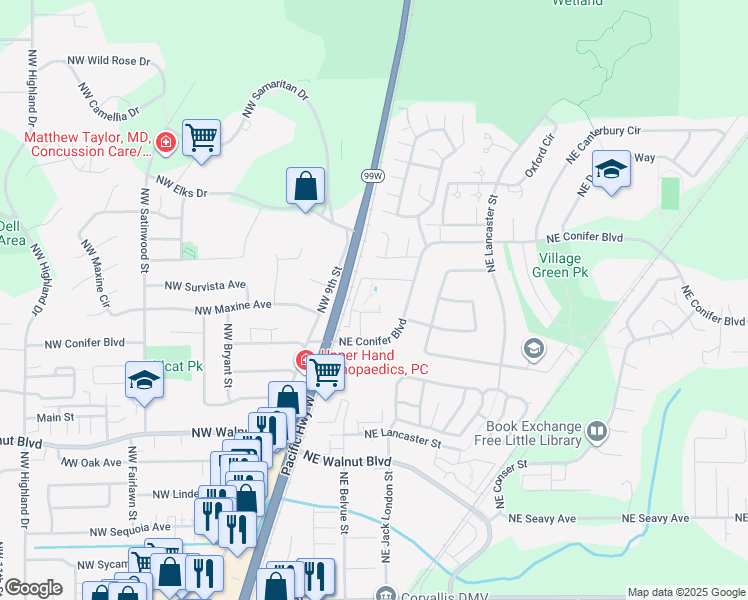 map of restaurants, bars, coffee shops, grocery stores, and more near 109 Northeast Conifer Boulevard in Corvallis
