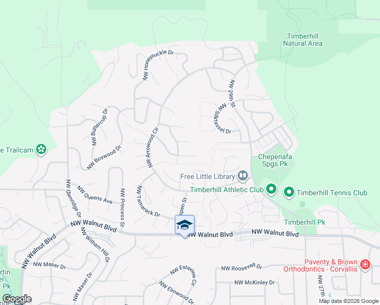 map of restaurants, bars, coffee shops, grocery stores, and more near 3625 Northwest Wisteria Place in Corvallis
