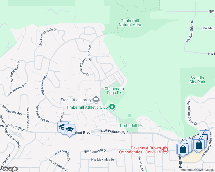 map of restaurants, bars, coffee shops, grocery stores, and more near 2871 Northwest Daylily Avenue in Corvallis