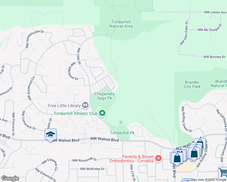 map of restaurants, bars, coffee shops, grocery stores, and more near 2807 Northwest Morning Glory Drive in Corvallis